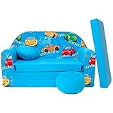 WELOX 4251064702287 Kindersofa Bett funktion 3in1-Kindersessel,Ausziehbett, hellblauAutos, Eierschalenfarbe