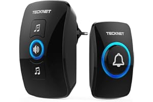 TECKNET Funkklingel, IP65 wasserdichte außere Funkklingel mit 400 m Reichweite, Funk-Türklingel-Set, 60 Melodien, 5 Lautstärkestufen, Funkklingel mit LED-Blitz, 1 Empfänger und 1 Sender, Schwarz