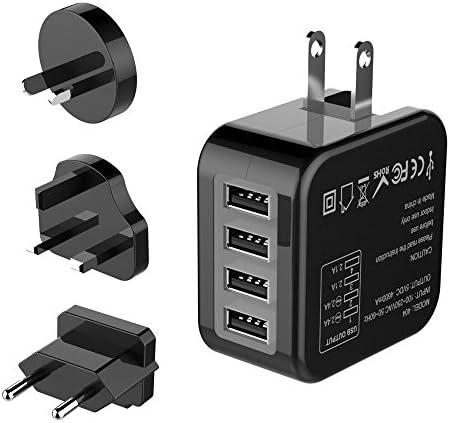 USB Plug Charger 4-Port USB Wall Charger with Interchangeable UK EU US Travel Adaptor -6.8A/34W- for iPhone X/8/7/6s/6/Plus, iPad, iPod, Galaxy S8/S7/S6/Edge (black)