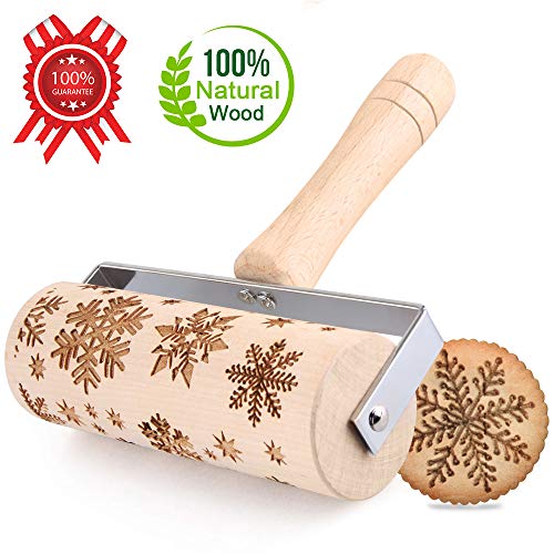 GoodGoodday Rodillo Amasar, Madera Rodillo de Cocina con Relieve de Copo de Nieve Rodillo de Amasar de Navidad, El Mejor para Fondant, Pastas para Tartas y Pay, Galletas y Masa para Pasteles