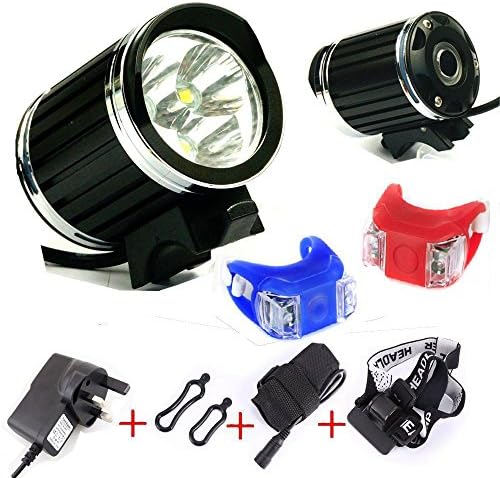 Woporr 3X Cree XML T6 3600LM LED Bicycle Bike Lights Front Mounted Rechargeable Headlight,Rechargeable HeadLamp Cycling Bicycle Light HeadLight with Charger + 4pcs 18650 batteries +Headband &amp; 2pcs bike bicycle rear tail lights