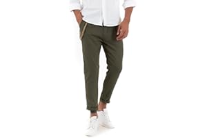 Giosal- Pantalone Elegante Uomo di Lino Regular Tinta Unita con Catena,Modello Tasca America Vari Colori
