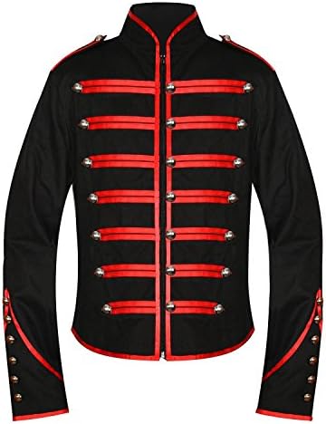 BannedMen's Unique Gothic Steampunk Red Black Parade Military Marching Band Drummer Jacket Goth Punk Emo