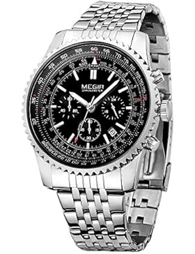 MEGIR Business Herren Kalender Edelstahl/Genuine LederArmbanduhr für Mann Quarz Uhren