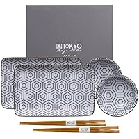 TOKYO design studio HB-5847/C, Kotobuki - Juego de 6 Platos de Porcelana, 21 x 13,5 cm, Color Azul y Blanco