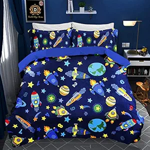 Dark Edge Home Kid's Cotton Cartoon Print Space Ships Rockets Designer Bedsheet King Size with Two Pillow Covers (Multicolour , 100 inch x 100 inch)