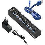 Tumao USB 3.0 Hub 7 Ports mit Netzteil , USB 3.0 Datenhub 7 Ports Adapter Super Speed mit 5V 2A USB Power Adapter unabhängige externe Ladegerät Für iMac, MacBooks, PCs und Laptops, Tablet