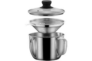 AMUSINGTAO Stainless Steel Fat Separator, 1000ML Gravy Grease Separator with Strainer and Glass Lid, Soup Oil Separator Cup for Cooking, Stockpot Oil Filter Soup Separator Strainer Pot for Kitchen