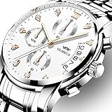 Herrenuhr Mode Luxus Quarz Armbanduhr Wasserdichte Chronograph mit Leder Edelstahl Uhren für Männer (A-Silver White)