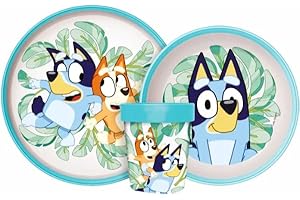 ILS I LOVE SHOPPING Vaisselle réutilisable bicolore pour enfants – Set de 3 pièces : assiette, bol et verre avec base antidérapante – Sans BPA (pour BLUEY)