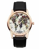 JSDDE Uhren Vintage Blumen Weltkarte Armbanduhr Damenuhr PU Lederarmband Analog Quarzuhr mit Batterie Schwarz