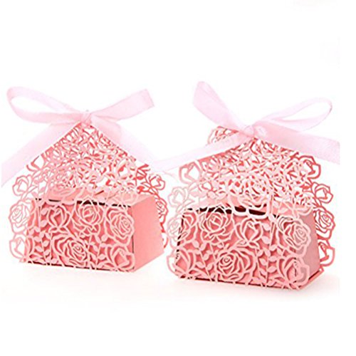 ULTNICE 25 Stück Hochzeit Taufe Gastgeschenk Geschenkbox Kartonage Schachtel Tischdeko Bonboniere Box -Rosa - 4