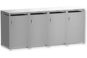 Metzler Mülltonnenbox 4er 240L in Graualuminium, Mülltonnenverkleidung für 4 Tonnen abschließbar und mit Automatikdeckel, pulverbeschichteter & witterungsbeständiger Stahl in RAL9007, Müllbox rostfrei