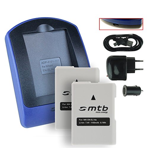 2 Batteries   Chargeur  USB Auto Secteur  pour EN-EL14a   Nikon DF  D3300  D3400  D5300  D5500   Coolpix P7800  Chip Infolithium optimis   - 7 2V - 1100 mAh 