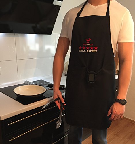 Grillschürze von STAR-BBQ | Küchenschürze Kochschürze – Die elegante Schürze, die Ihre Kleidung vor Grillgeruch und Fettspritzern schützt, schwarz mit Taschen für Männer - 5