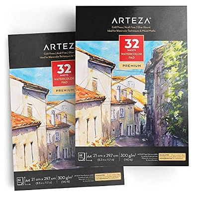 ARTEZA® ARTEZA Bloc Aquarelle A4 (21 x 29.7 cm), Ensemble de 2, 32 Feuilles Par Bloc Pressé à Froid, Papier Sans Acide, 300 GMC, Idéal pour l'Aquarelle et Techniques Mixtes