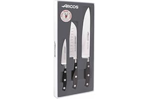 Arcos Set Cuchillos Forjados 3 piezas en Acero Inoxidable Nitrum y Hoja mm. 729 gr. Pequeño y ligero. Mango ergonómico Polioximetileno POM. Serie Riviera. Hoja delgada con filouave. Color negro.