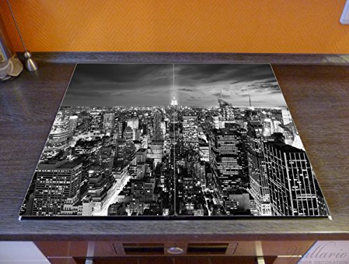 Wallario Herdabdeckplatte / Spritzschutz aus Glas, 2-teilig, 60x52cm, für Ceran- und Induktionsherde, New York bei Nacht – Panoramablick über die Stadt – schwarzweiß - 2