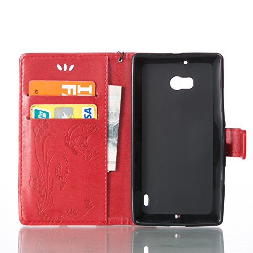 Nokia 930 Hülle, SpiritSun Ledertasche Schutzhülle für Microsoft Nokia Lumia 930 Folio PU Leder Tasche Case Cover Bookstyle mit Standfunktion und Kredit Kartenfächer (Schmetterling und Blume, Rot) - 4
