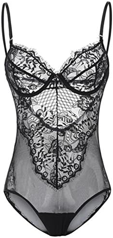 Body shaping underwear Women's Eyelashes Mesh Stitching Coveralls Sexy Soft Lace Steel Ring Gathered Pajamas, black, M