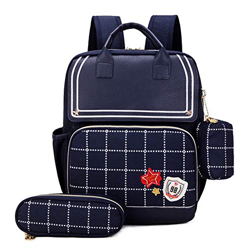 Preisvergleich Produktbild XWWS 3 Sätze Kinderrucksack - Plaid Kinder Schultaschen, Sicherheit Reflektierende Büchertasche Mit Federmäppchen Und Kleine Brieftasche, Mädchen,Darkblue