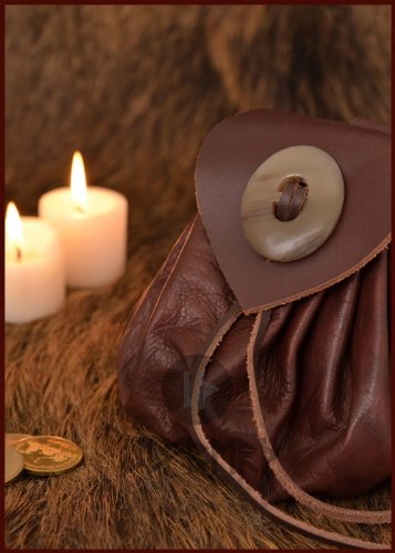 Preisvergleich Produktbild Geldbeutel mit Hornknopf, dunkelbraun Lederbeutel, groß Ledertasche - Wikinger - LARP - Mittelalter