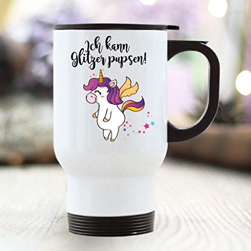 Wandtattoo Loft® Bedruckter Thermobecher Lustiger Spruch "Ich kann Glitzer pupsen...und was kannst Du?" mit lustigem Einhorn / beidseitig / Becher / Thermobecher mit Motiv und Spruch