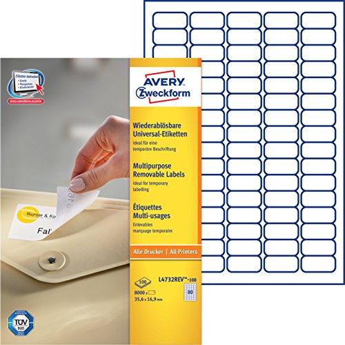 Avery - Etiquetas universales (35,6 x 16,9 mm, para todas las impresoras A4), 8000 unidades, color blanco