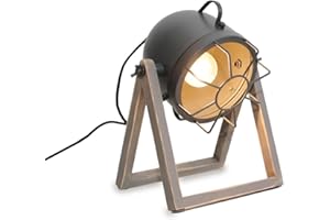 Alpinaluz Lámpara de Mesa Industrial con Foco Proyector E27, Base de Madera Natural Gris y Cabezal Orientable para Salón y Mesita de Noche