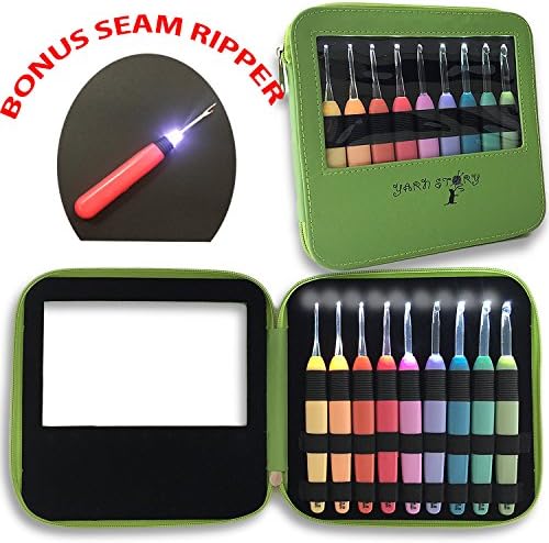 Lighted Crochet Hooks with Case Value Pack 9/pkg Set - LED Lite Hooks - Ergonomic Needles for Arthritic Hands & Organizer. Set of 9 Hooks Size 2,5mm To 6,5mm (GREEN)