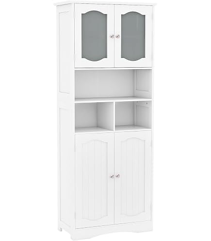 COSTWAY Armadietto Salvaspazio 60 x 30 x 164cm, Mobile Bagno con Scomparti Aperti, Ripiani Regolabili e 2 Porte in Vetro Temprato, Armadio da Bagno per Ufficio, Soggiorno e Camera da Letto (Grigio