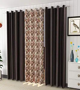 Decora Emporium Solid (Long Crush) Window Curtain 4 x 7 feet Brown Blackout Eyelet with 8 Steel Rings (Plain Curtains 122 x 214 cm) Set of 3 Pcs (4 x 7, Brown (2Plain+1Print))
