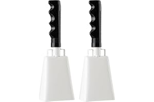 Musfunny Campanelle in acciaio a forma di mucca, 2 pezzi, 20,3 cm, con manico, per tifo, per partite di calcio, feste, fattoria, eventi sportivi, campanelli a mano, strumento musicale (bianco)