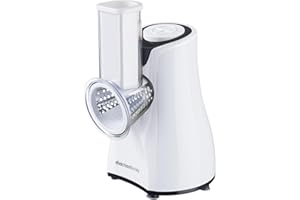 Melchioni Family 118420212 Elektrische Reibe Taz, 5 verschiedene austauschbare Klingen, Drucktaste, Öffnung transparent, 200 W, Stahl und Kunststoff, Weiß