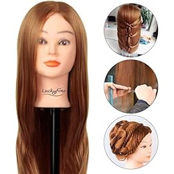 Luckyfine Cabeza Maniquí Peluqeuría, 50% Pelo Natural, Cabeza de Entrenamiento para Peluqueros, Cabeza de Cosmetología de Maniquí, Regalo para Niñas con Soporte Pinza - Castaño Claro, 24 inches