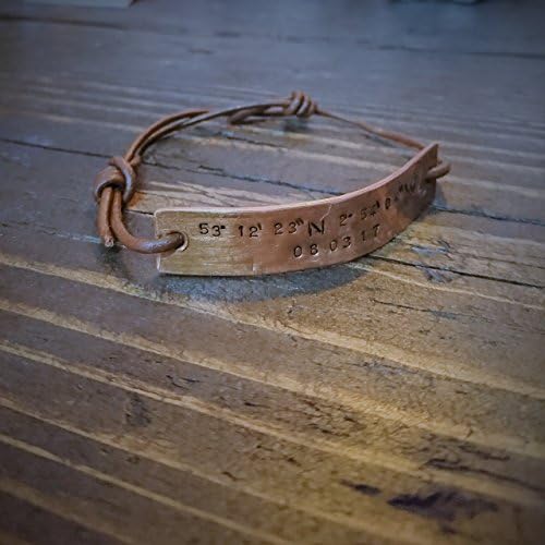Handmade Personalized Copper & Leather Bracelet, Custom Stamped Date, Message, Coordinates, Gift for Him, Gift for Her, Anniversary, Valentines Day