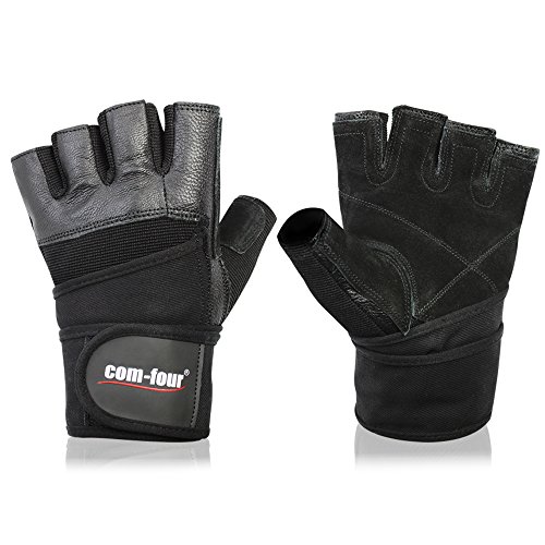 Fitness-Sport-Handschuhe für Krafttraining und Bodybuilding mit Handgelenkumwicklung aus Leder Schwarz (Größe: L)