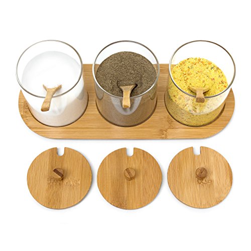 Relaxdays Gewürzgläser JIAO HBT: 12 x 31 x 12 cm Bambus Gewürzhalter für 3 Gewürzbehälter aus Glas mit passenden Löffeln als Alternative zu Gewürzständer und Gewürzregal für Küche und Esstisch, natur - 2