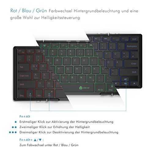 iClever IC-BK05 Ultra Slim Tri-klappbare Bluetooth QWERTZ Tastatur, RGB Beleuchtet, Mini Wireless / Verkabelt Keyboard Deutsch-Layout für iOS, Windows, Android Smartphone und PC Tablet - 3