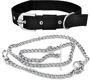 Adios 1 inch Black Dogs Collar with Dog Chain Dogs Collar & Leash Dog Belt for All Pet Dogs., Nylon;Stainless Steel, (Pack of 1)