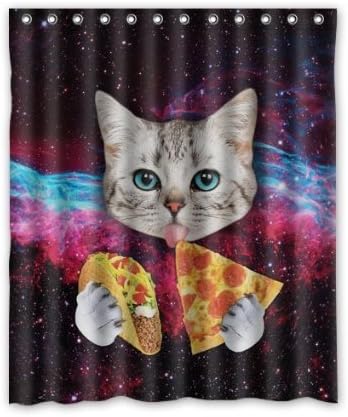 Custom Space Nebula Universe Cat Eat Pizza Shower Curtain Stylish Waterproof Polyester Fabric Bathroom Deco 60 x 72 by Custom Waterproof Shower Curtain