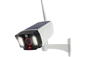 JUSTOP Cámara CCTV falsa, funciona con energía solar, luces LED de seguridad con sensor de movimiento PIR, impermeable para uso en exteriores, color blanco
