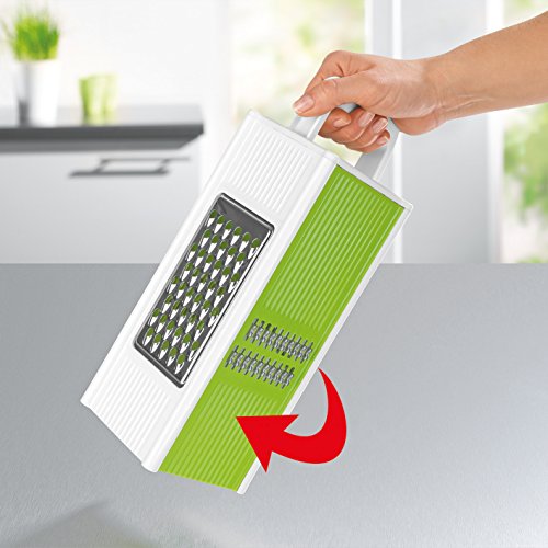 Vierkantreibe – Hochwertige Würfelreibe mit praktischer Auffangschale + Sparschäler und Schutzgriff ( 4 Seiten mit unterschiedlichen Klingen & Hobel ) - 4