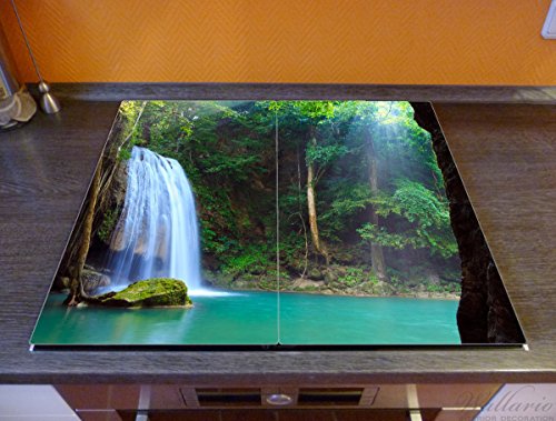 Wallario Herdabdeckplatte / Spritzschutz aus Glas, 2-teilig, 60x52cm, für Ceran- und Induktionsherde, Wasserfall im Wald am See, Idylle in Thailand - 2