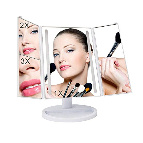 Preisvergleich Produktbild Faltbarer LED-Kosmetikspiegel, Meer Tragbarer beleuchteter Kosmetikspiegel mit 38 LEDs, einstellbares Licht durch die Berührung auf dem Spiegel, 3X 2X 1X Vergrößerung, 180 ° Rotation, Stromversorgung durch AAA Batterie oder USB-Kabel, Elegantes Weiß für Frauen und Mädchen