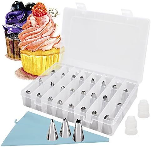 27pcs Icing Piping Nozzle Tips Set, Reechin Cake Sugarcraft Decorating Tool with 1 Reusable Bag, 2 Reusable Coupler & Storage Case for Cakes Cupcakes Baking Cookies Pastry, Fits Kids Beginners