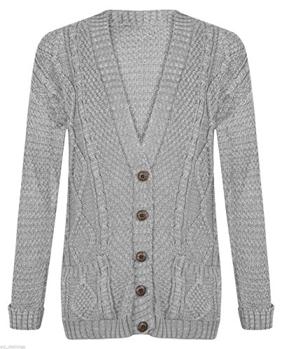 B&S Trendz Fashion Valley Womens Long Sleeve Chunky Cable Knitted Button Ladies Grandad Long Cardigan (M/L UK 12-14, Grey)
