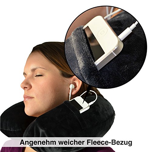 Nackenkissen Reisekissen aufblasbar – Nackenhörnchen fürs Flugzeug mit Fleece-Bezug, gratis Schlafmaske & Ohrstöpseln von Globeproof® - 5
