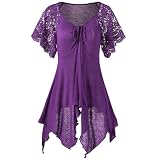 iHENGH Damen Bandage Hohe Taille Kurzarm Spitze-Blumen-Patchwork Unregelmäßige Hem Minikleid Bluse Tops(X-Large,Lila)