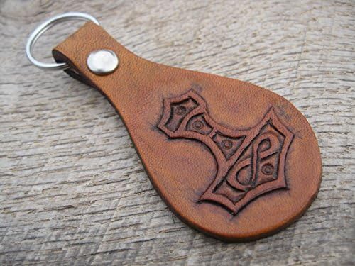 Thor's Hammer Mjolnir Leather Keyring with hand tooled Viking design